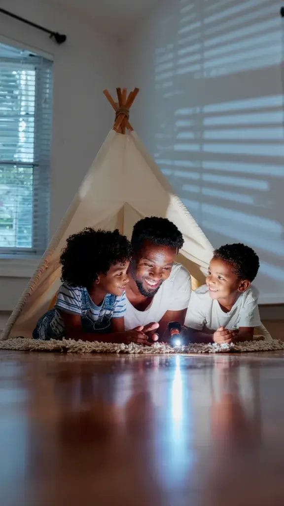 A family playing flashlight tag inside a darkened living room with a blanket tent.