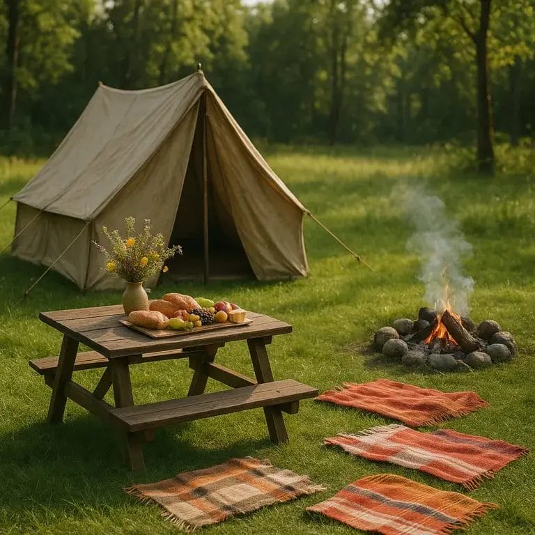 A cozy outdoor campsite with a vintage canvas tent, a wooden picnic table with wildflowers and food, a small campfire, and blankets in a green meadow surrounded by trees.