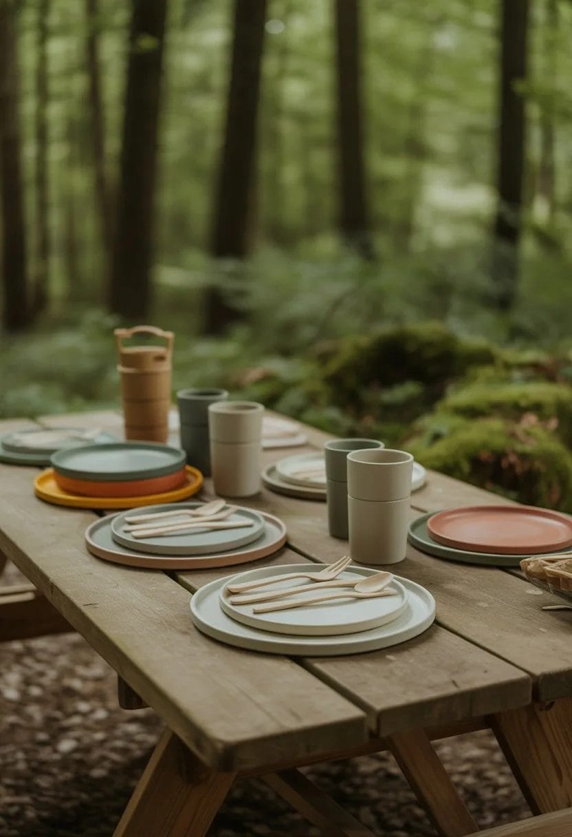 A picnic setup in a forest with melamine plates and lightweight cutlery arranged on a wooden table surrounded by green trees.