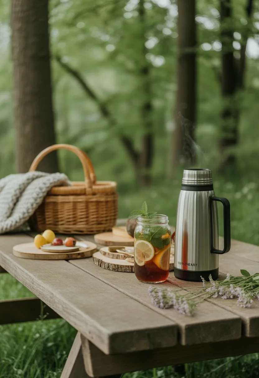 A forest picnic setup with a thermos of herbal tea and a glass of iced drink on a wooden table surrounded by trees.