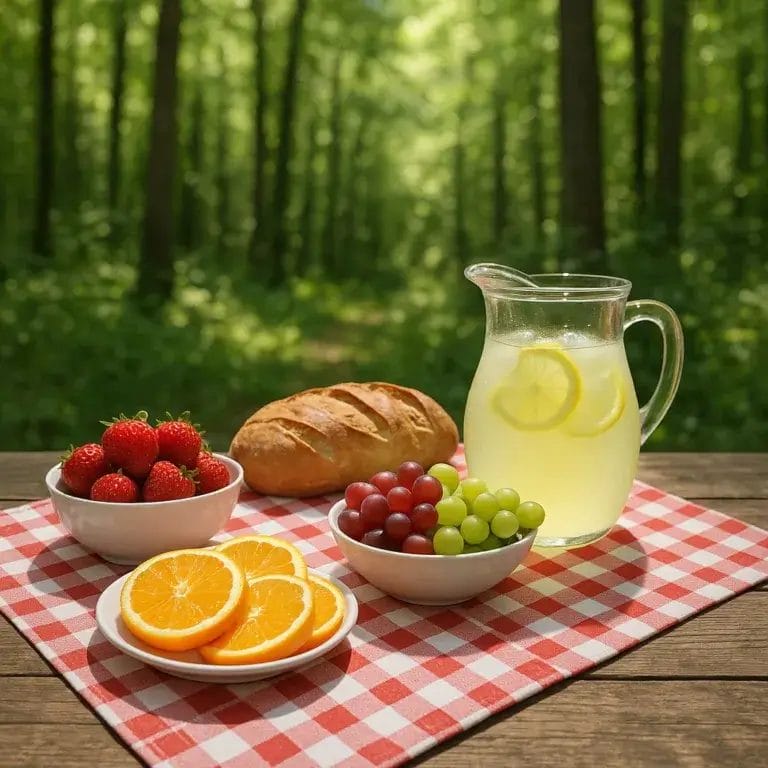 A picnic setup with a checkered blanket, fresh fruits, bread, and lemonade on a wooden table in a green forest with sunlight filtering through the trees.