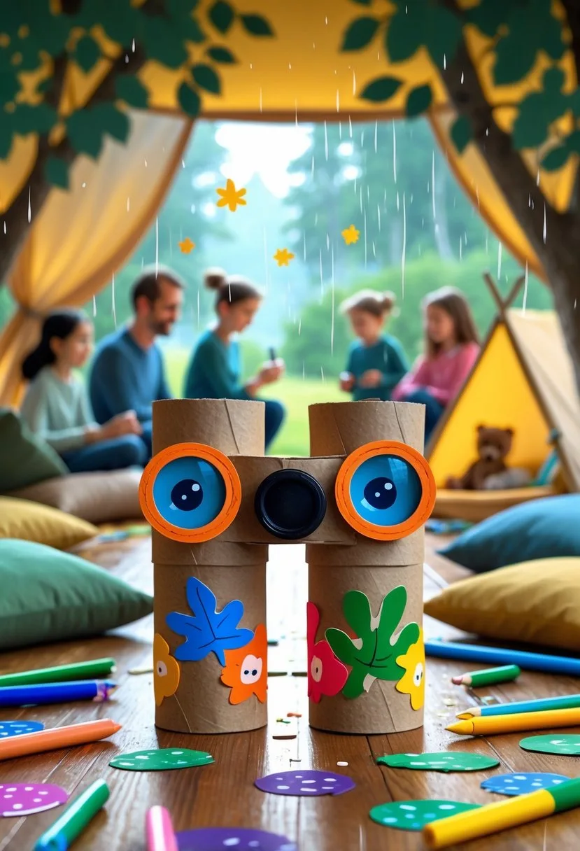 A family indoors crafting DIY binoculars from toilet paper rolls decorated with stickers, surrounded by craft supplies, with a small indoor tent and rainy window in the background.