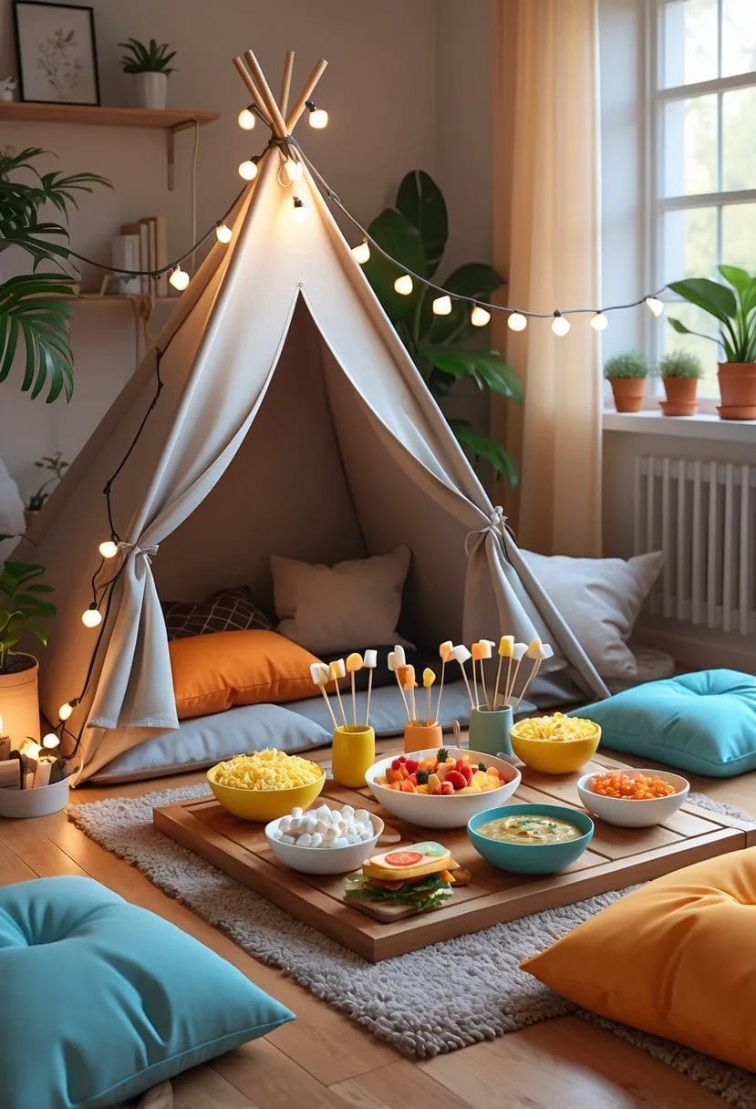 A cozy indoor camping setup with a small fabric tent, cushions, and a table filled with various snacks like popcorn, mini sandwiches, fruit and cheese skewers, marshmallows on sticks, and dips in a living room.