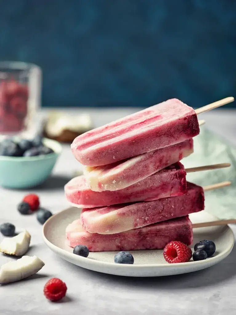 Coconut blueberry popsicles on a white plate.