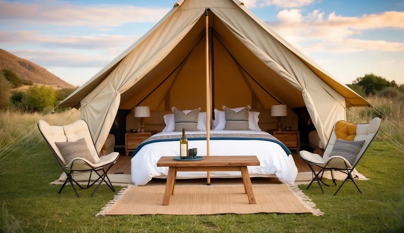 A cozy glamping setup with a spacious tent, a comfortable bed, a rustic wooden table, and a couple of stylish chairs nestled in a picturesque outdoor setting