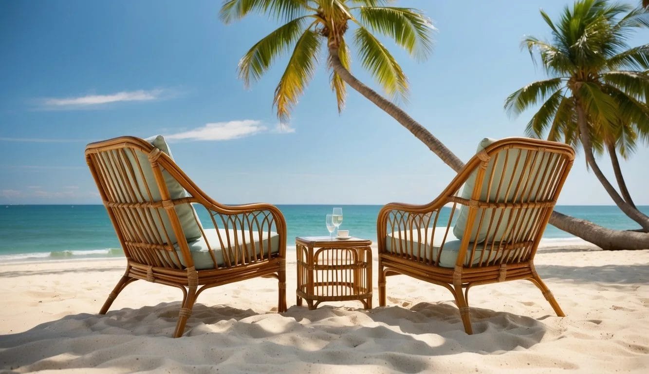 Two rattan armchairs placed on a sandy beach with a view of the ocean, surrounded by palm trees and a clear blue sky