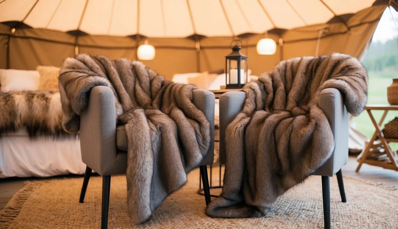 Faux fur throws draped over glamping furniture for cozy warmth
