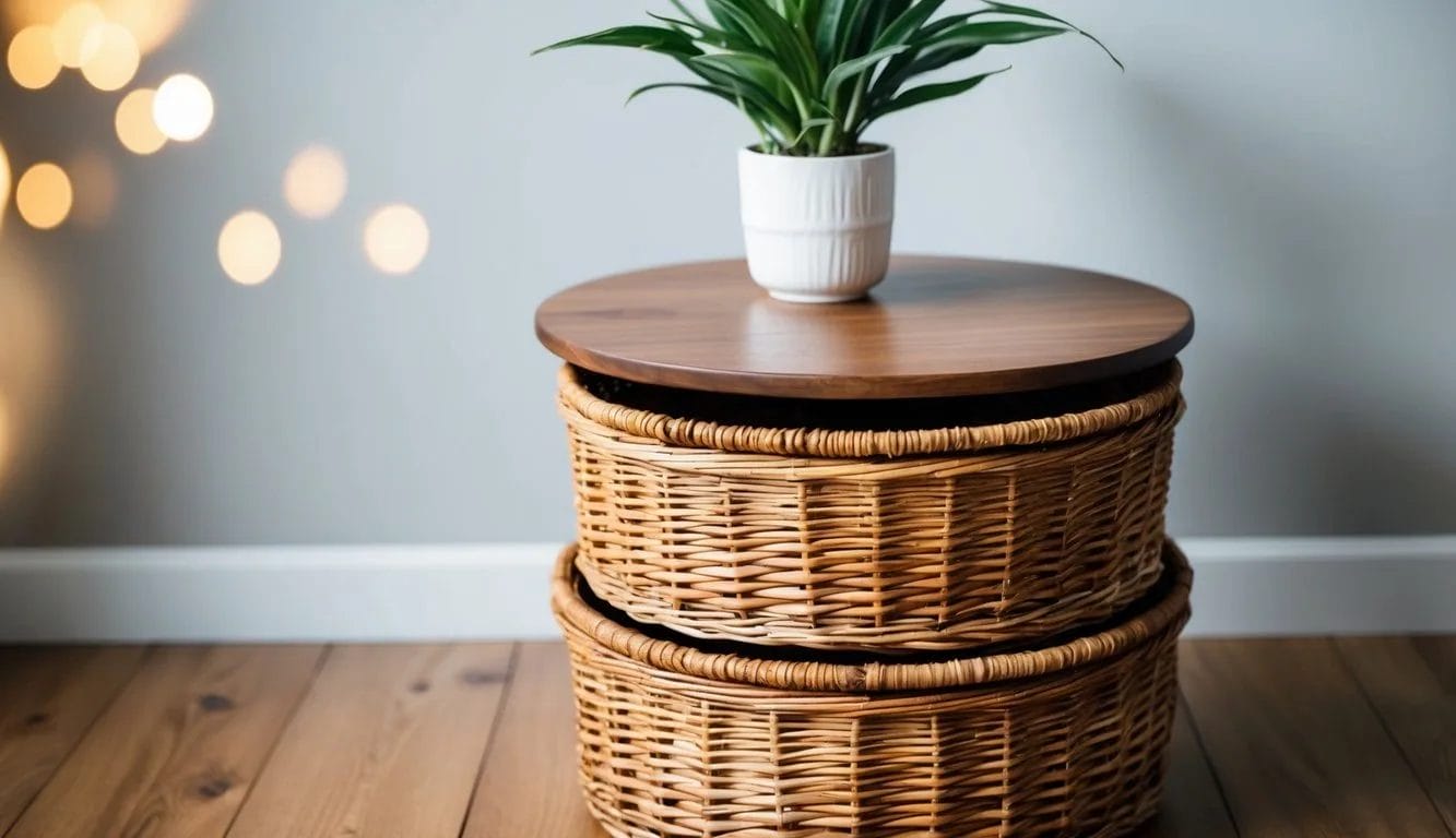 Two wicker storage baskets stacked on top of each other, with a wooden tabletop placed on top to create a side table