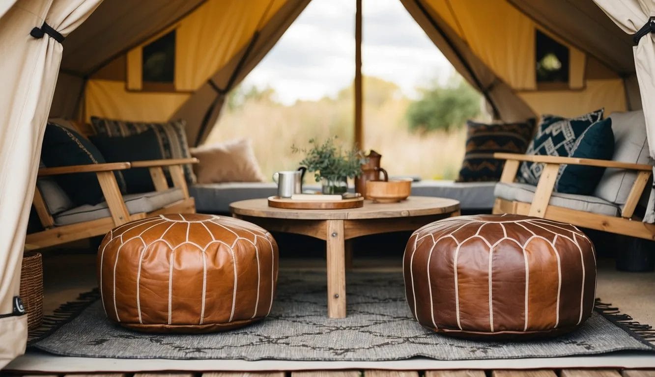 A cozy glamping setup with vintage leather poufs adding rugged charm to the outdoor space