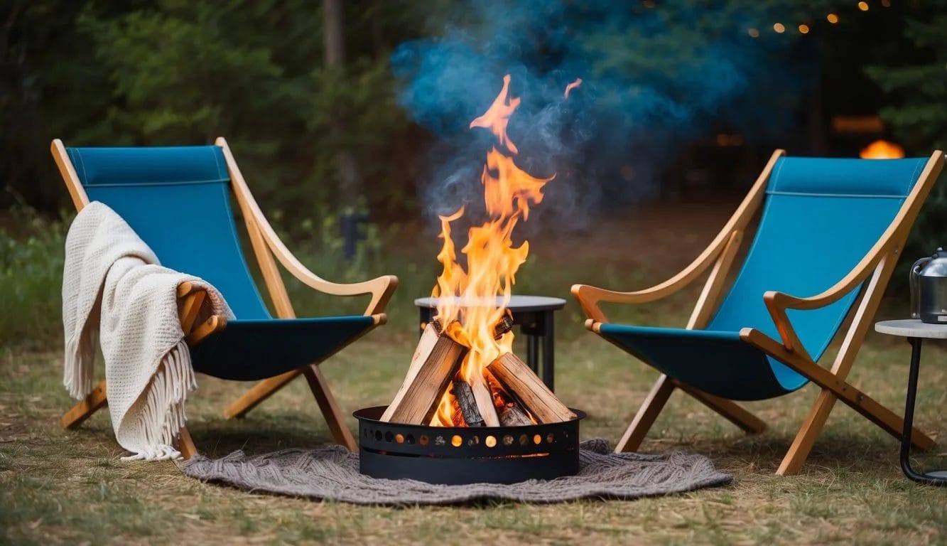Two canvas sling chairs set up around a campfire, with a cozy blanket and a small table nearby