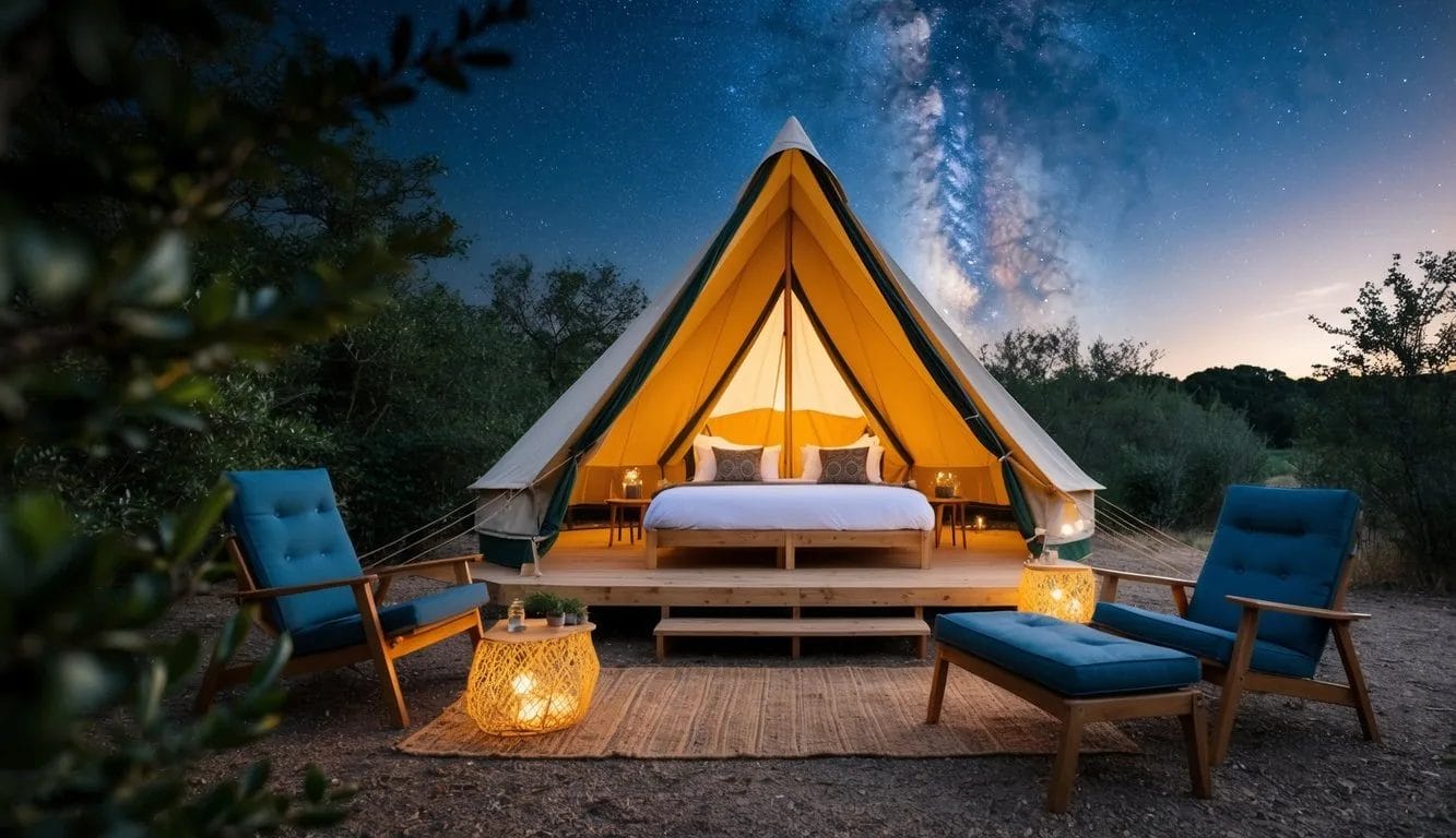 A cozy glamping site with stylish furniture, surrounded by nature and under a starry sky