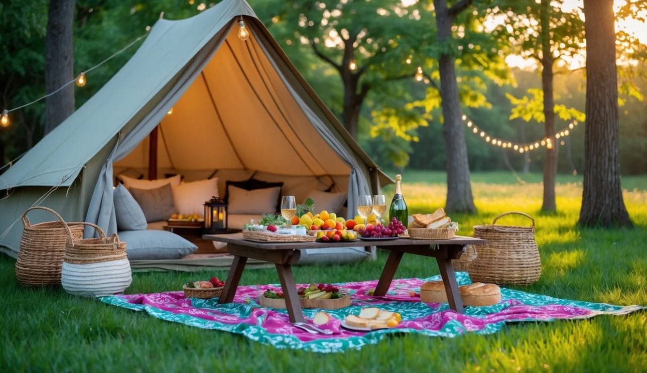 A cozy glamping picnic setup with a canvas tent, picnic table with food, cushions, and lanterns in a green meadow surrounded by trees.