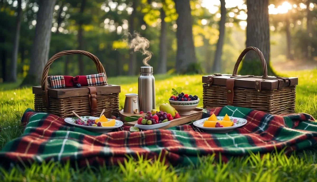 Outdoor picnic setup with a tartan fleece blanket, picnic baskets, food, and trees in the background.