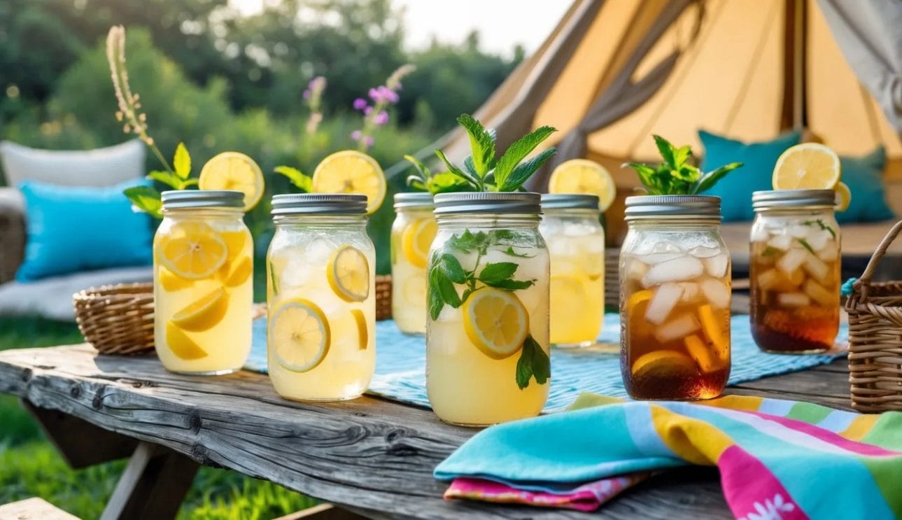 Outdoor picnic table with mason jars of lemonade and iced tea, surrounded by flowers, a picnic basket, and a glamping tent in the background.