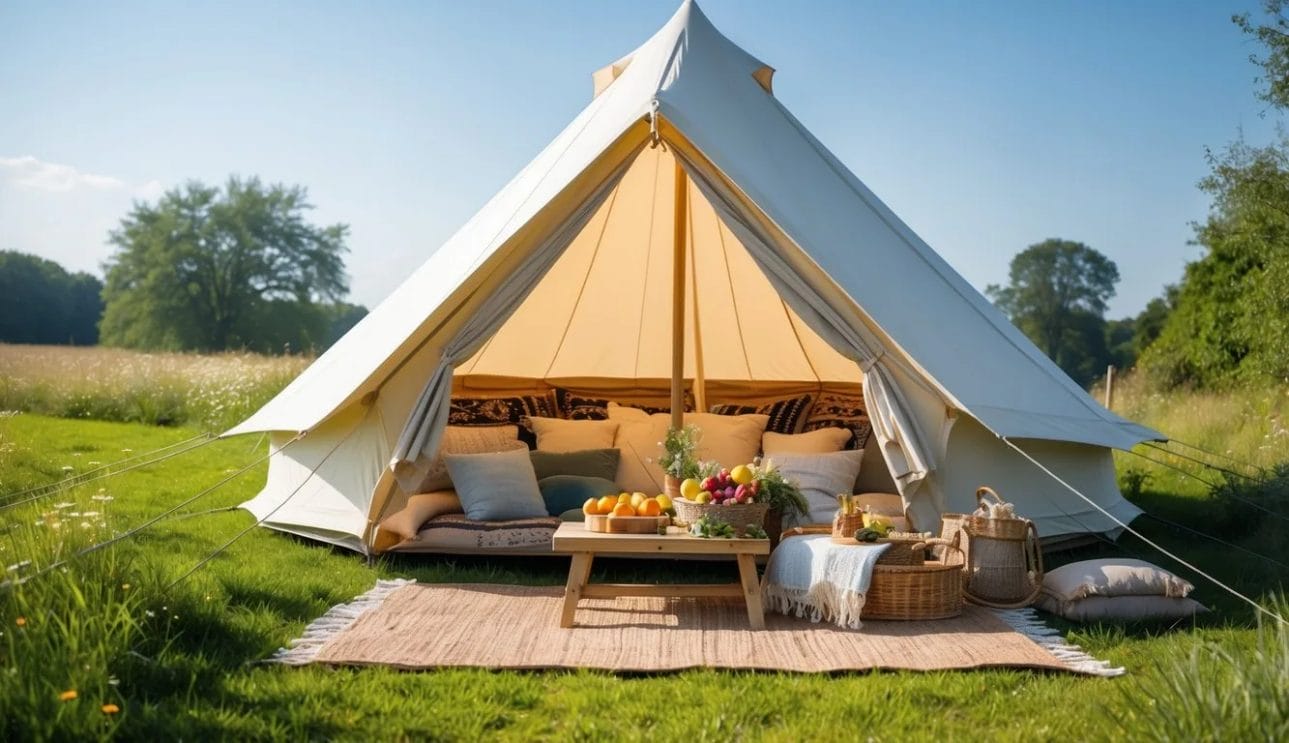 A pop-up bell tent set up outdoors with cushions, blankets, and a picnic spread on a wooden table surrounded by grass and trees.