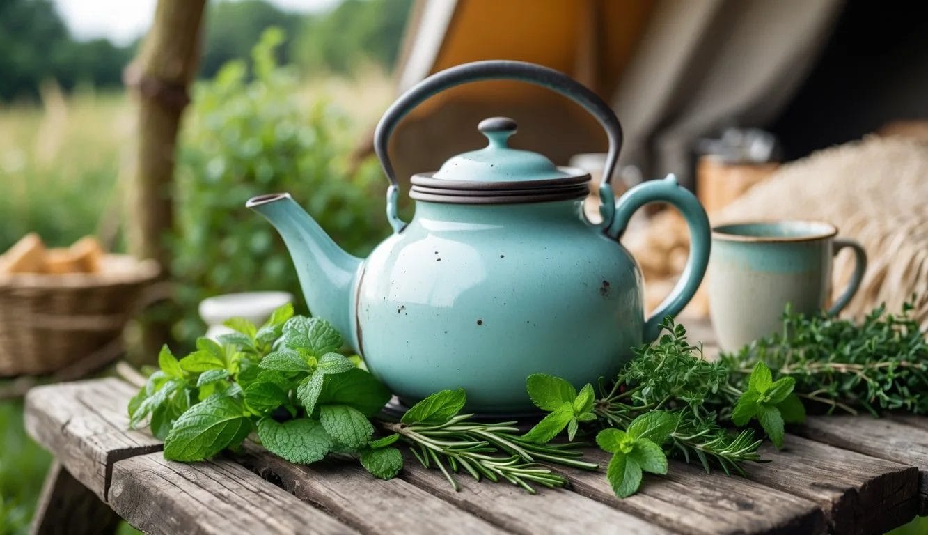 A vintage enamel teapot on a wooden picnic table surrounded by fresh green herbs, set outdoors with a blurred natural background.