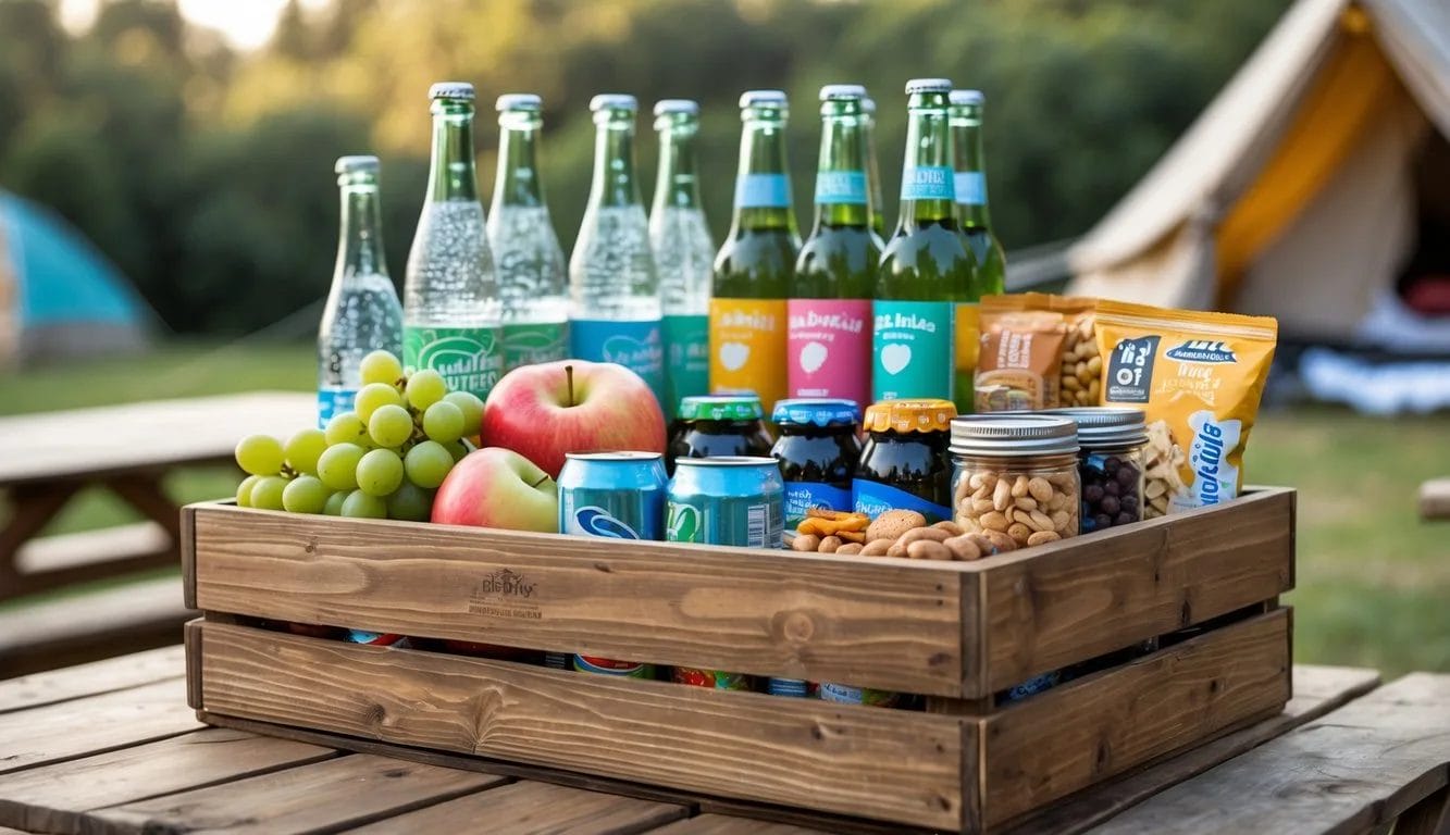 Wooden crate filled with snacks and beverages on a picnic table outdoors surrounded by greenery.