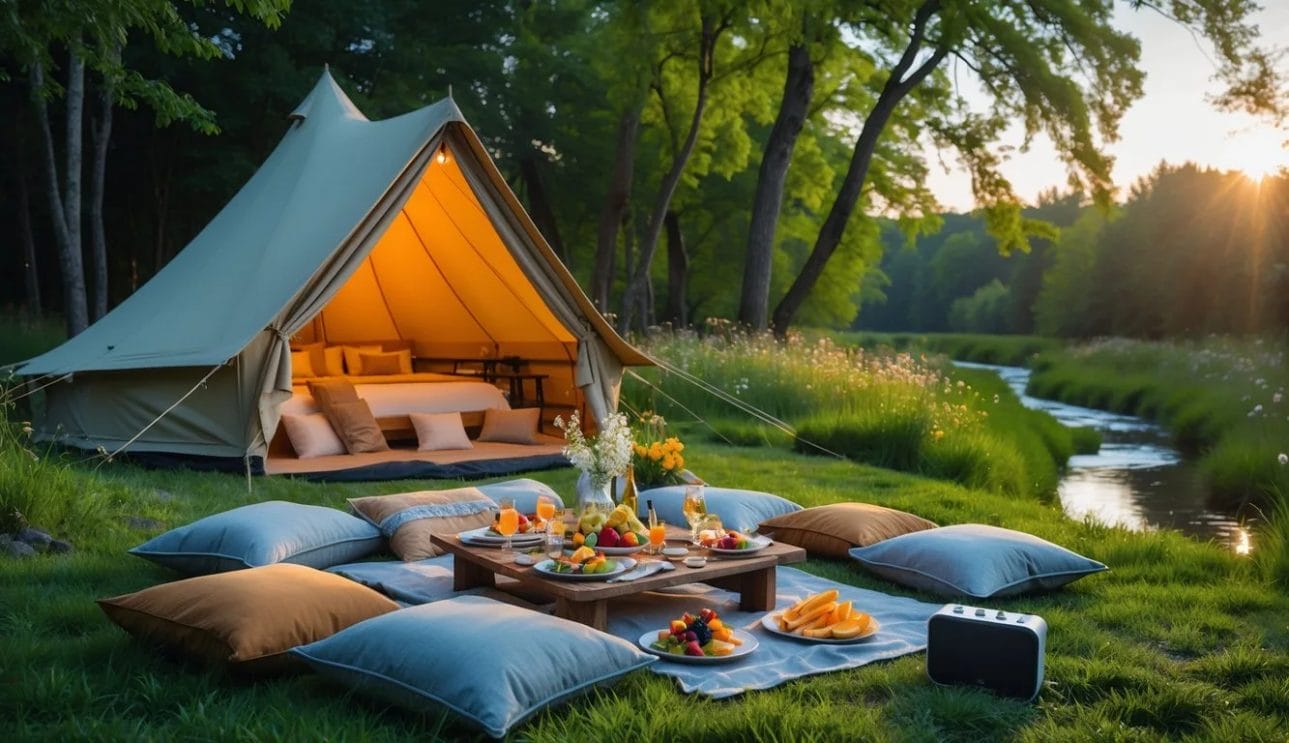 A cozy glamping tent set up near trees with a picnic table laid out with food and blankets on the grass in a peaceful natural setting.