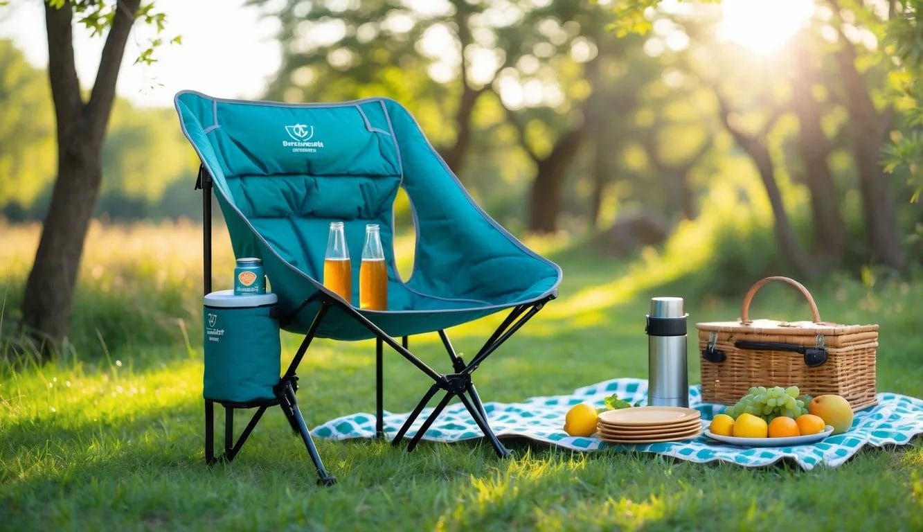 A foldable camping chair with a built-in cooler set up outdoors next to a picnic blanket with food and drinks.