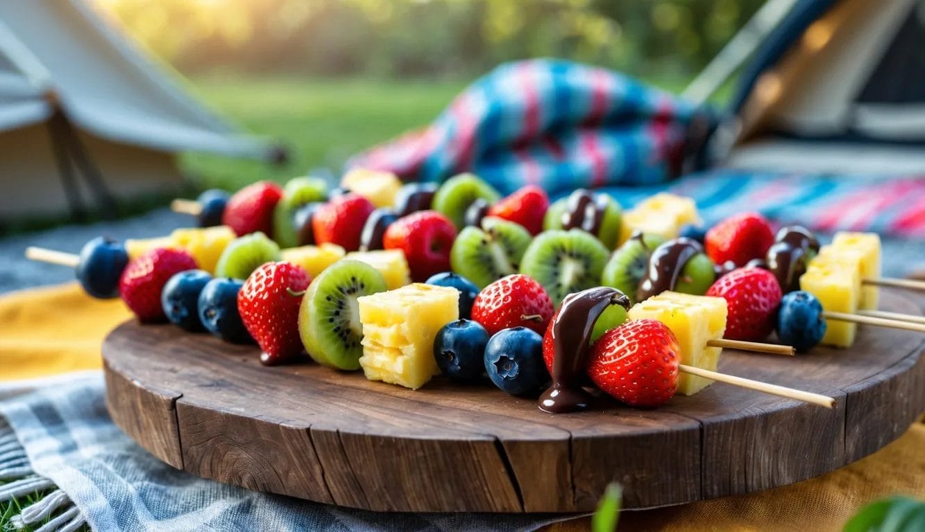 Fresh fruit kabobs drizzled with melted dark chocolate arranged on a wooden platter outdoors at a picnic.