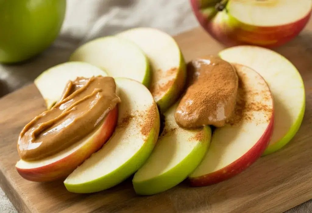 Apple slices with almond butter and a sprinkle of cinnamon