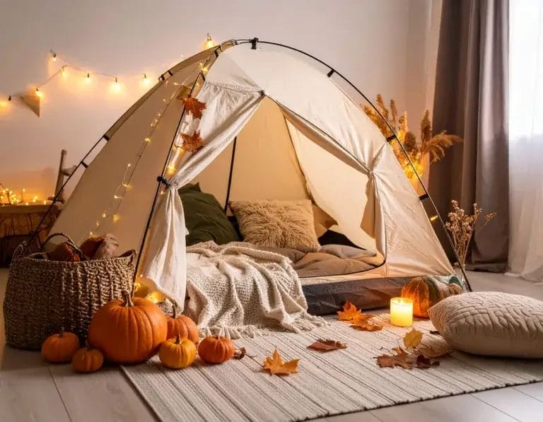 A cozy indoor camping setup for couples with a tent in the living room and autumn decor.