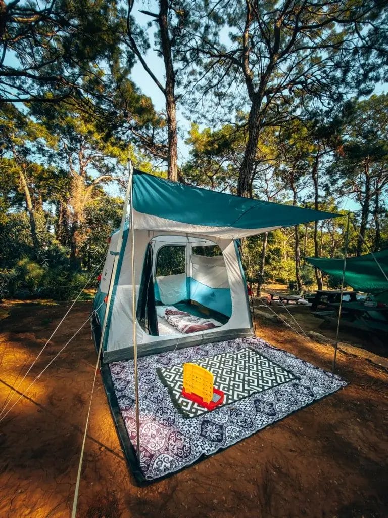 A cozy campsite with a tent in a forest setting under tall trees.