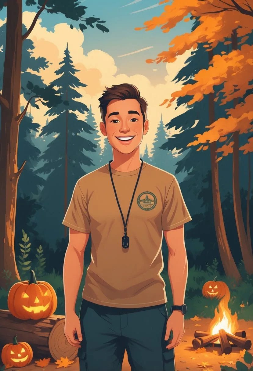 A camp counselor wearing a vintage camp t-shirt and whistle stands in an autumn forest surrounded by pumpkins, a campfire, and fall leaves.