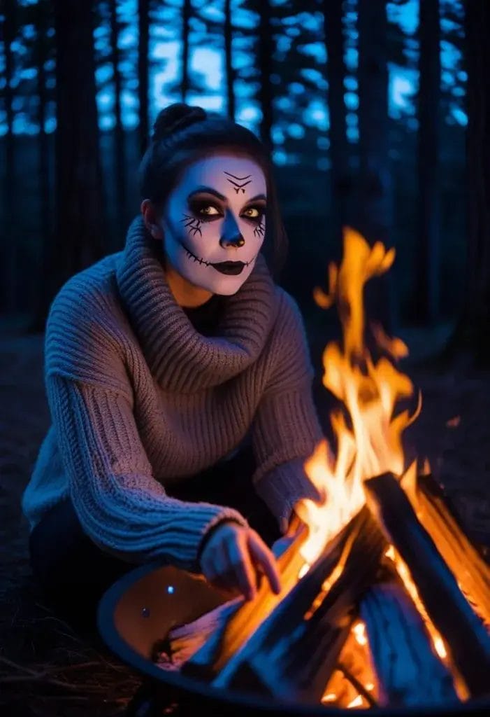 A person with spooky makeup wearing a cozy sweater sits by a campfire in a forest at night.