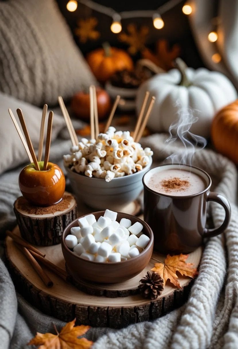 A cozy indoor scene with caramel apples, cinnamon popcorn, and hot cocoa with marshmallows arranged on a seasonal snack bar surrounded by fall decorations.