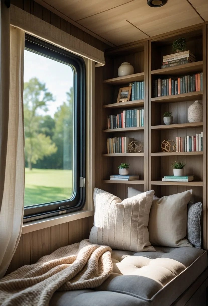 A cozy reading nook by a window with built-in shelves filled with books and soft cushions on the seat.