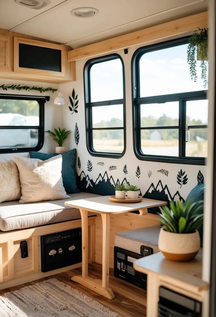 Interior of a camper with removable vinyl decals on the walls, cozy seating, wooden table, and natural light coming through windows.