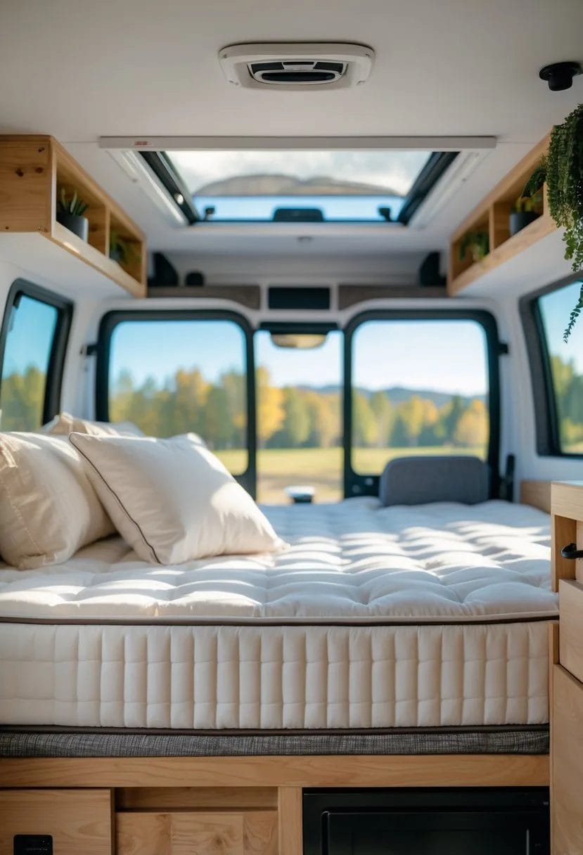 Interior of a camper van with a newly upgraded mattress on the bed, surrounded by wooden storage and natural light coming through windows.