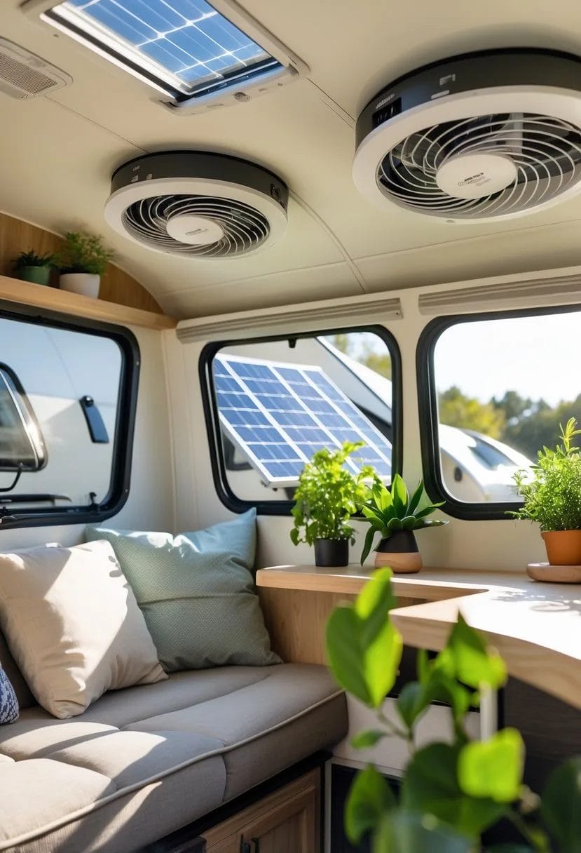 Interior of a remodeled camper with solar-powered fans installed near the ceiling and sunlight coming through open windows.
