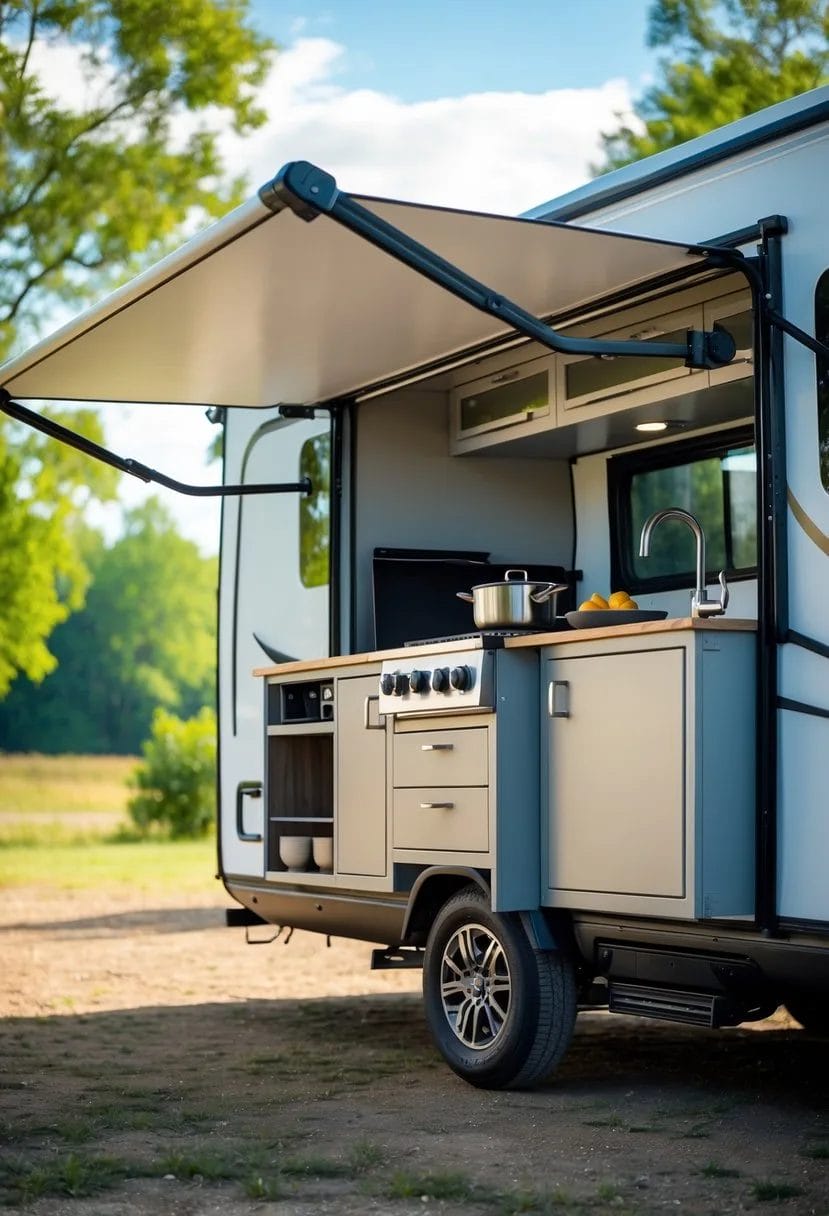 A camper with a slide-out outdoor kitchen extended, showing a stove, sink, and countertop in a natural outdoor setting.