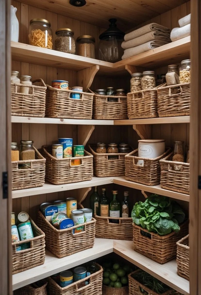 A pantry with wooden shelves holding wicker baskets filled with pantry items like jars, cans, and produce.