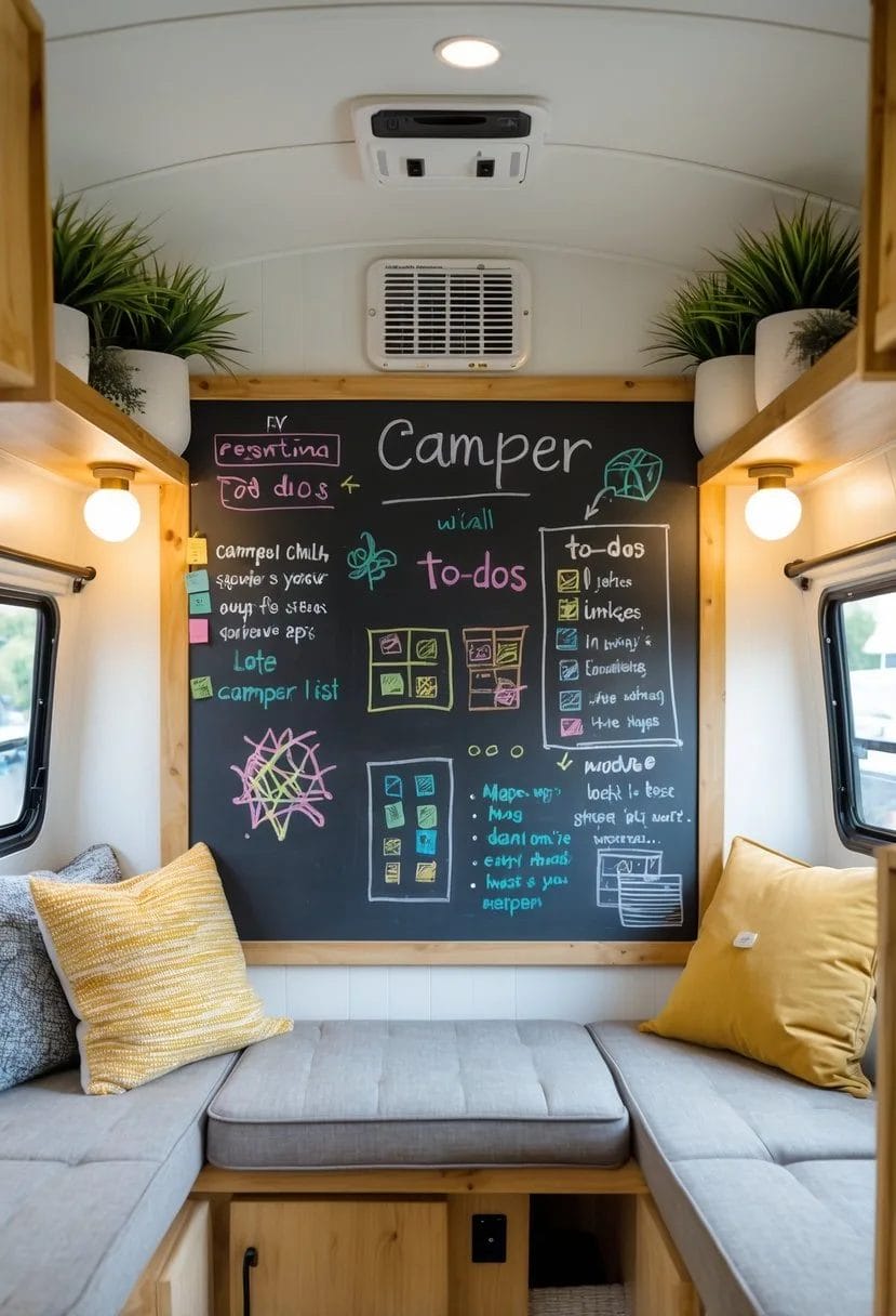 Interior of a camper showing a chalkboard wall with colorful doodles and sketches, surrounded by shelves, plants, and cozy decor.