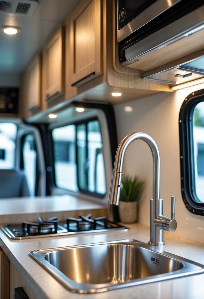 Close-up of a modern faucet installed above a sink inside a remodeled camper kitchen.