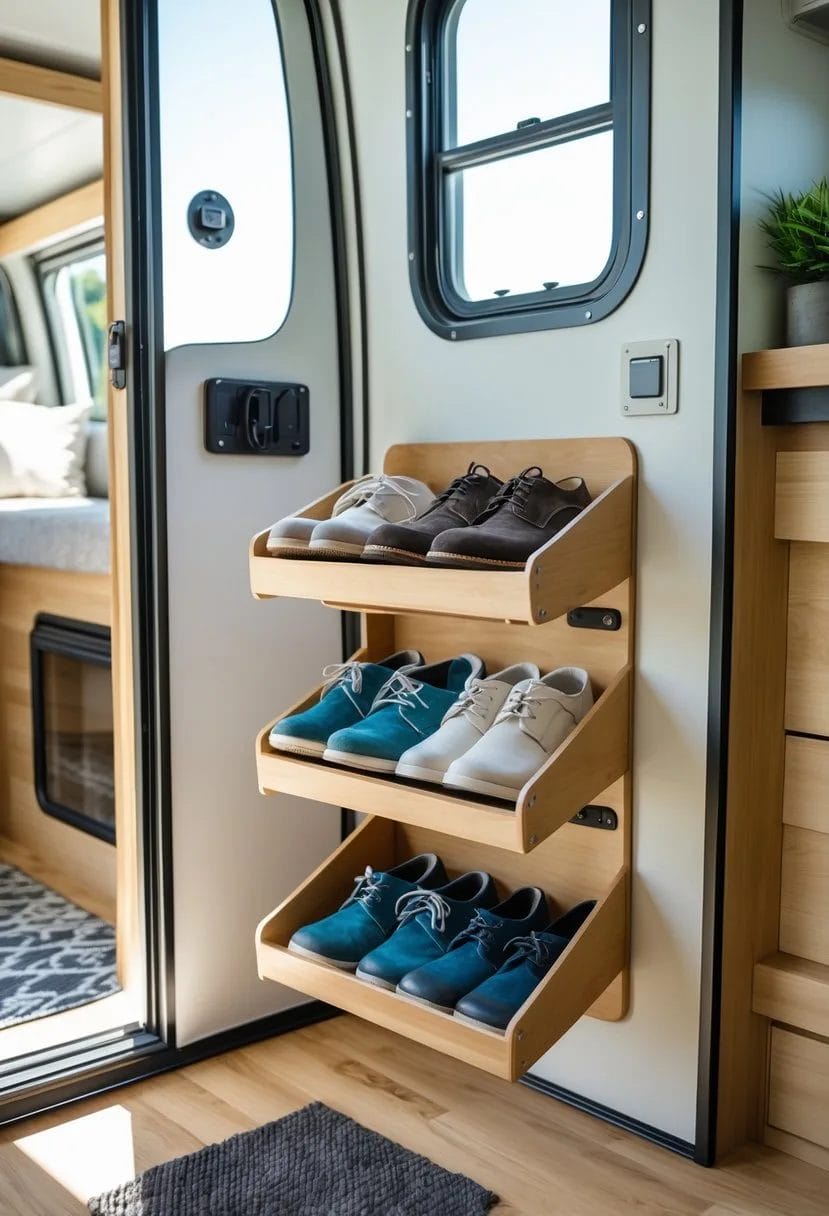 Camper entryway with a fold-down shoe rack holding several pairs of shoes, a small floor mat, and natural light coming through a window.