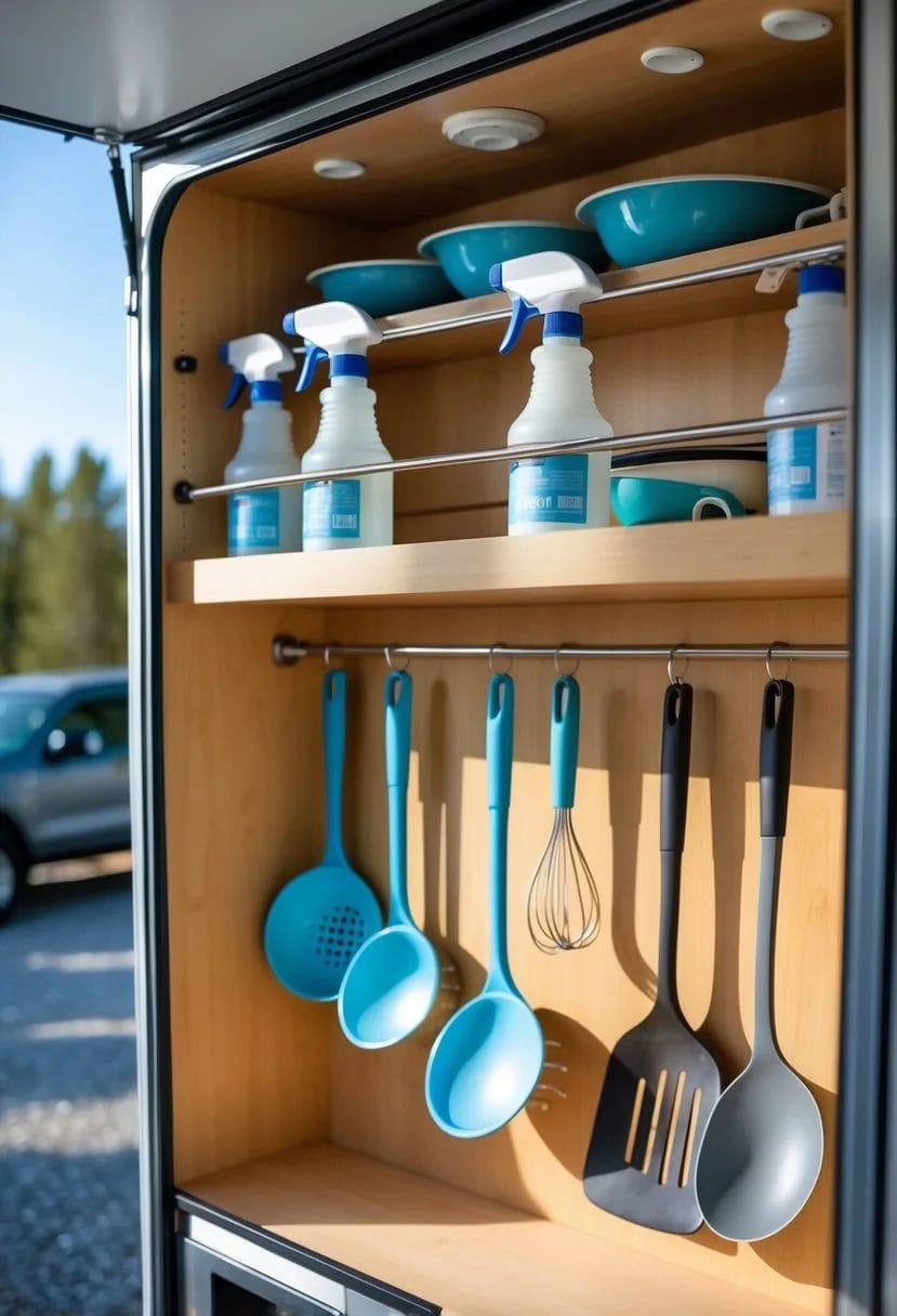 Open camper kitchen cabinet with tension rods holding spray bottles and cooking utensils inside.