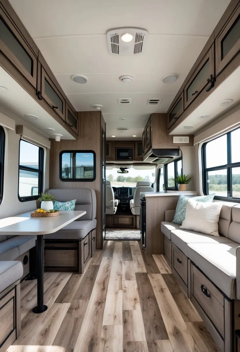 Interior of an RV with new wood-look vinyl plank flooring, modern furniture, and natural light coming through large windows.