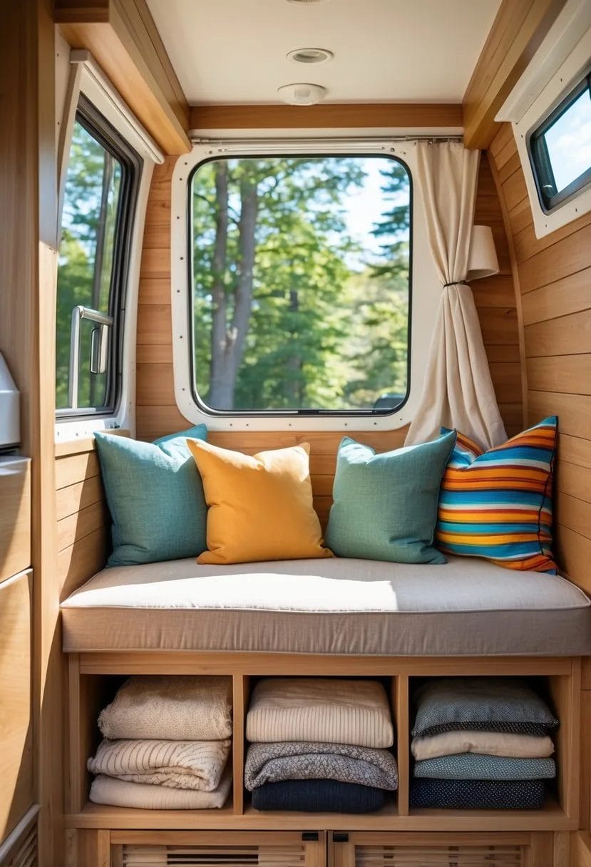 A cozy window seat inside a camper with storage underneath filled with blankets.