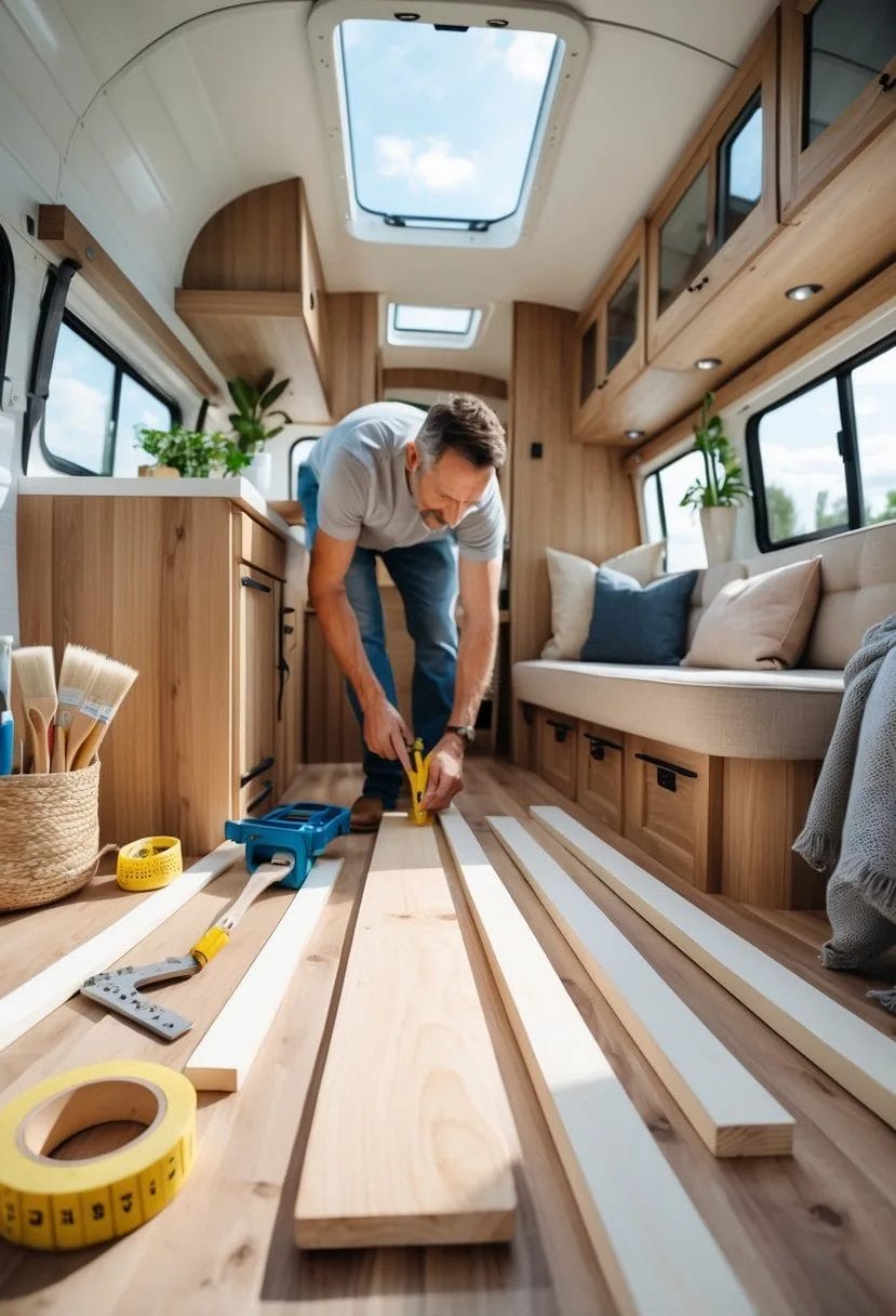 Interior of a camper being remodeled with wood paneling, cabinetry, tools, and a person measuring a wooden board.