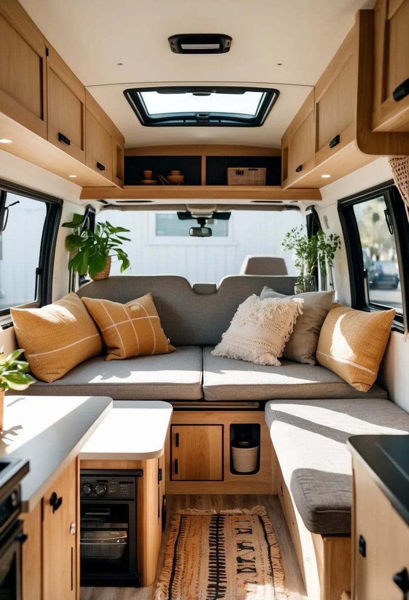 Interior of a remodeled camper van with cozy seating, wooden cabinets, and natural light coming through windows.