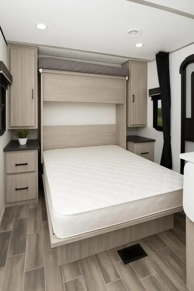 Interior of a camper with a folded Murphy bed revealing a spacious living area with seating and storage.