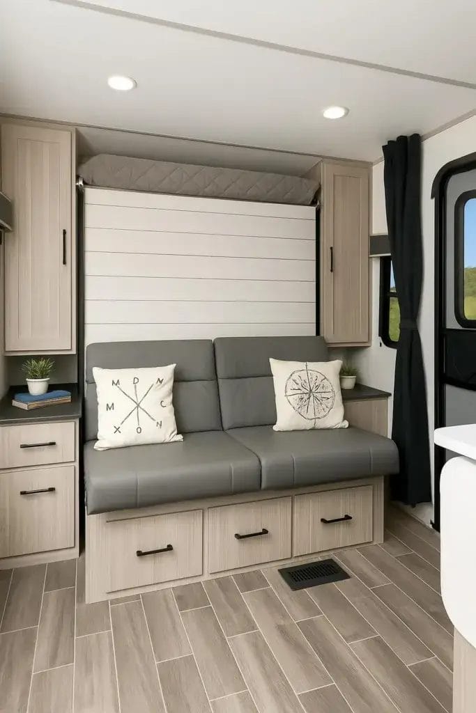 Interior of a camper with a folded Murphy bed revealing a spacious living area with seating and storage.