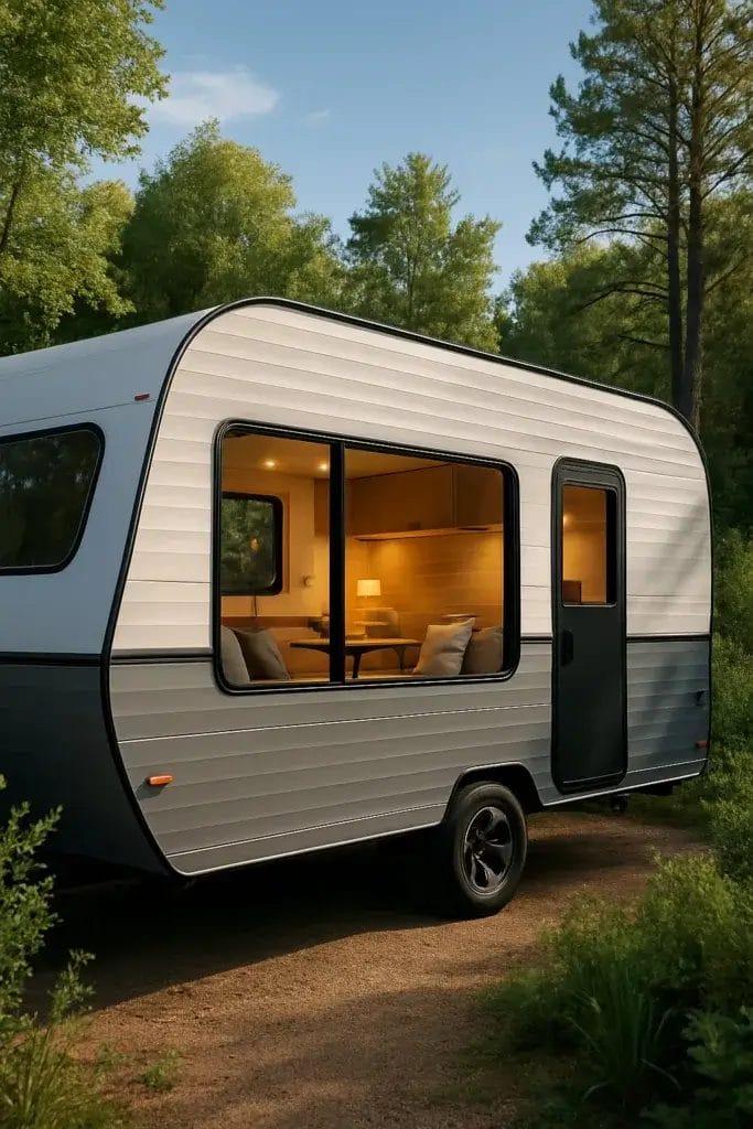 A remodeled camper parked outdoors with a cozy interior and modern exterior features surrounded by nature.