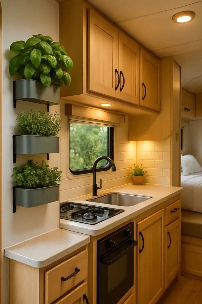 Interior of a remodeled camper with a vertical herb garden on the wall and a cozy kitchen area.