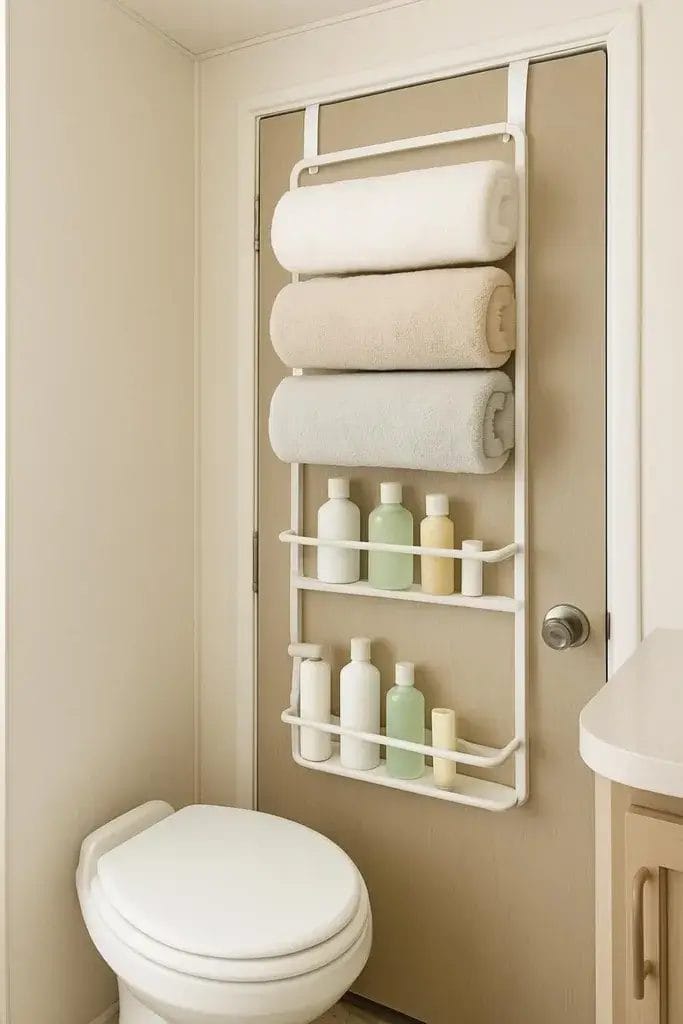 A compact RV bathroom with a white over-the-door towel rack holding neatly folded towels and a few toiletry items.