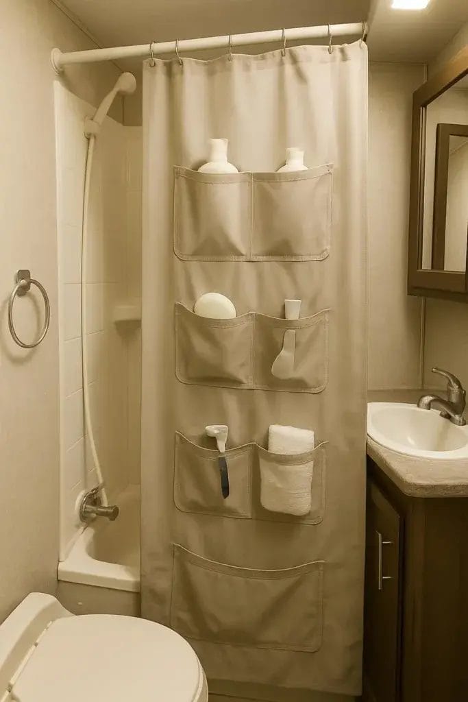 A shower curtain with built-in pockets hangs in an RV bathroom, storing toiletries and small items neatly within reach